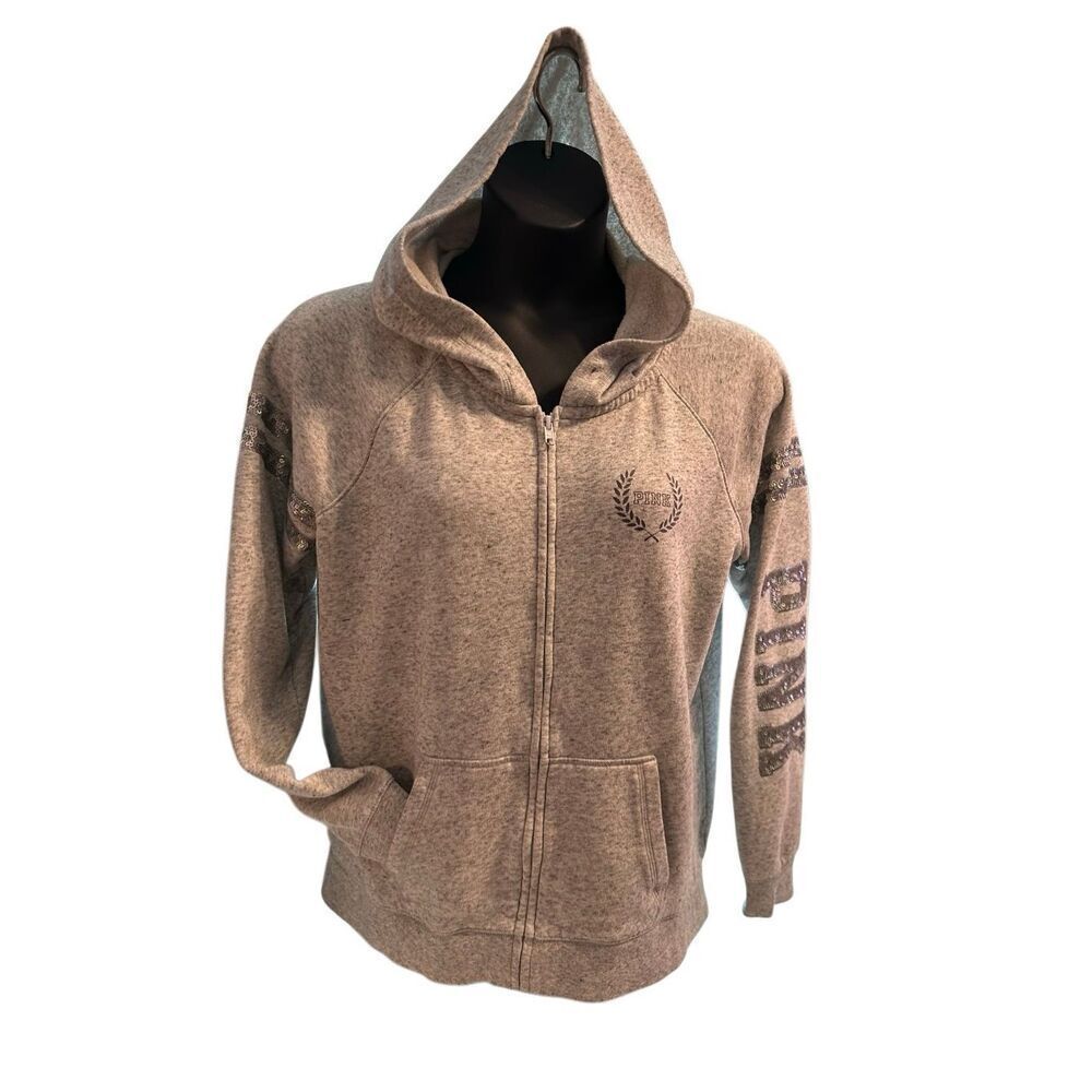PINK Victoria's Secret Women's Heather Gray Fleece Glitter Full Zip Hoodie Large